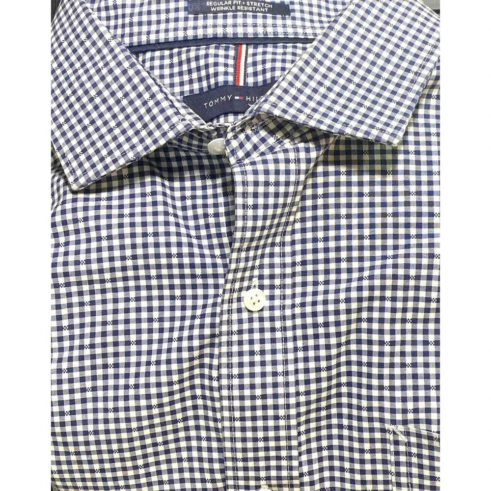 Tommy Hilfiger Dress Shirt Men's 17 34/35 Gingham Stretch Reg Fit Wrinkle Resist